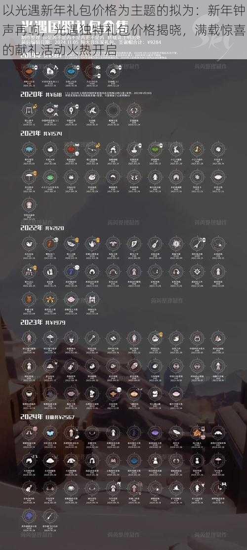 以光遇新年礼包价格为主题的拟为：新年钟声再响，光遇独特礼包价格揭晓，满载惊喜的献礼活动火热开启
